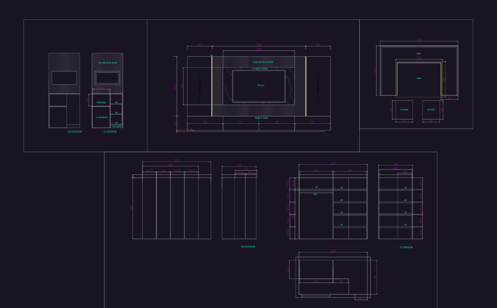 Technical elevation of a modern TV unit with marble backing, wood slats, and base cabinets.