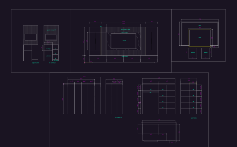 Technical elevation of a modern TV unit with marble backing, wood slats, and base cabinets.