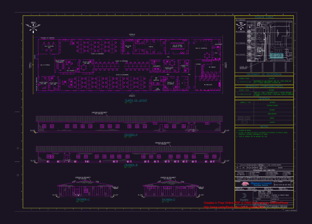 Architectural floor plan and four building elevations for an industrial project office building.