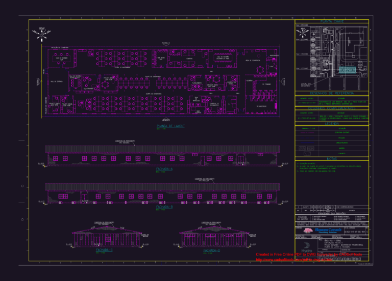 Architectural floor plan and four building elevations for an industrial project office building.
