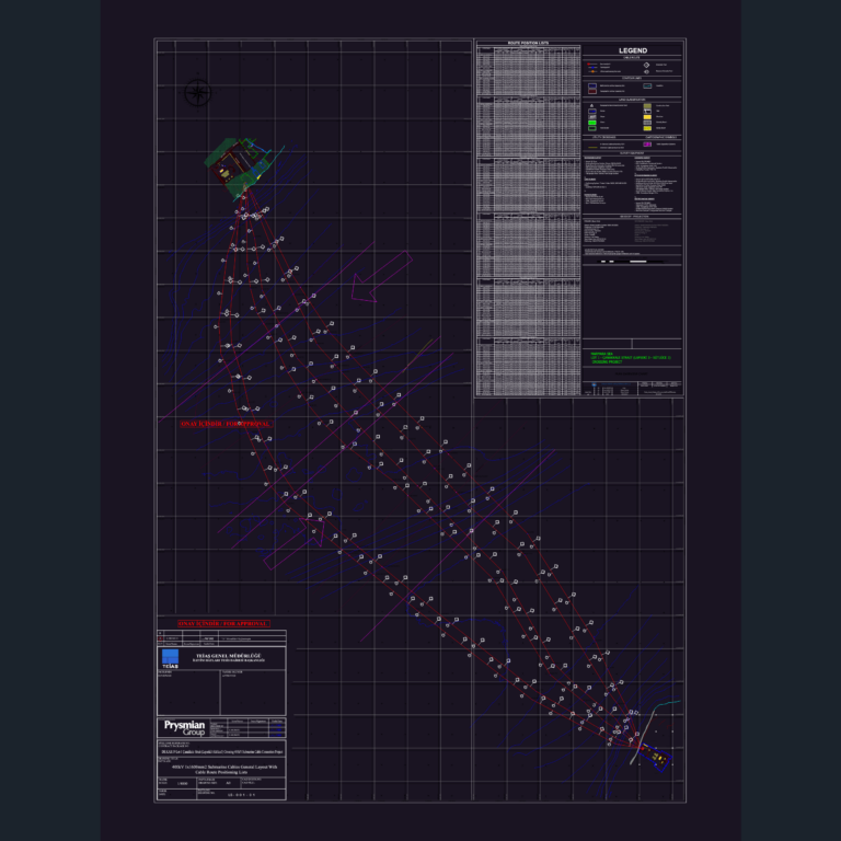 General layout of a 400kV submarine cable crossing showing route coordinates and bathymetric data.