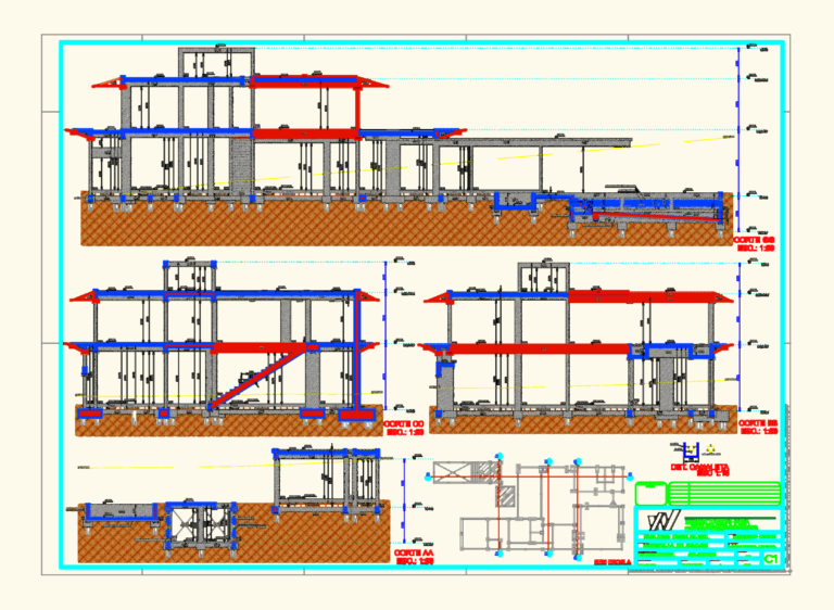 Structural cross-sections of a multi-level building showing concrete beams, pillars, and foundation levels.