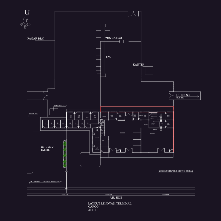 Architectural layout plan for a cargo terminal renovation at an airport featuring technical rooms and x-ray stations.