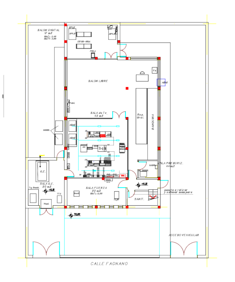 Floor plan of a telecommunications facility showing equipment racks, transmission rooms, and architectural layout.