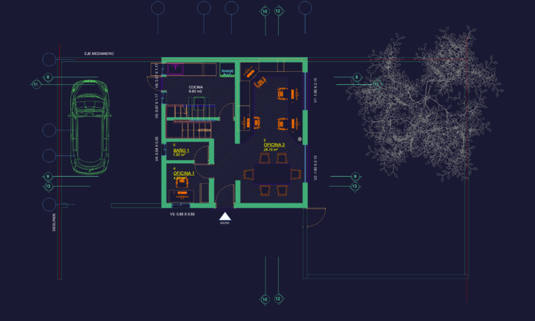 Architectural floor plan for a level 1 house with two offices, a kitchen, bathroom, stairs, and a parking space.