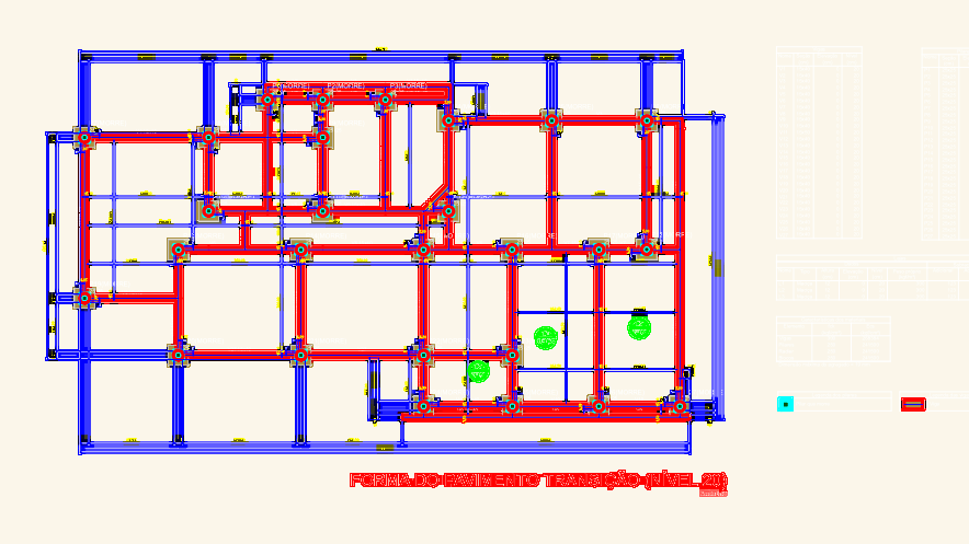 Structural formwork plan for a transition floor showing beams, columns, and rebar reinforcement tables.