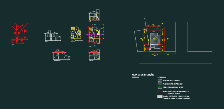 Complete architectural set for a two-story house including floor plans, sections, and front facades.