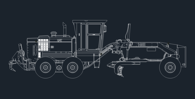 Side elevation CAD drawing of a Caterpillar 140H motor grader showing the blade and cab.