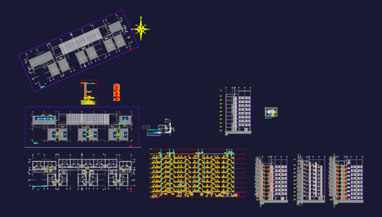 Electrical floor plans, trifilar diagrams, and solar photovoltaic layout for an 8-story apartment building.