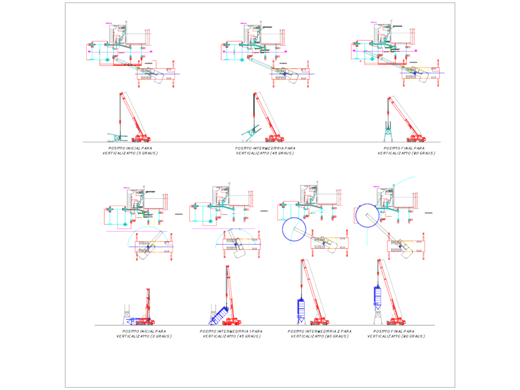 Detailed CAD layouts for a cement silo installation showing crane lifting positions and dosing plant sections.