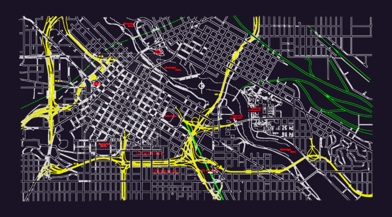 Downtown Minneapolis CAD street map with highways, river, and street labels