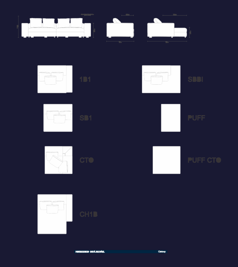 CAD drawing showing front, side, and plan views of modular sofa sections with dimension lines.