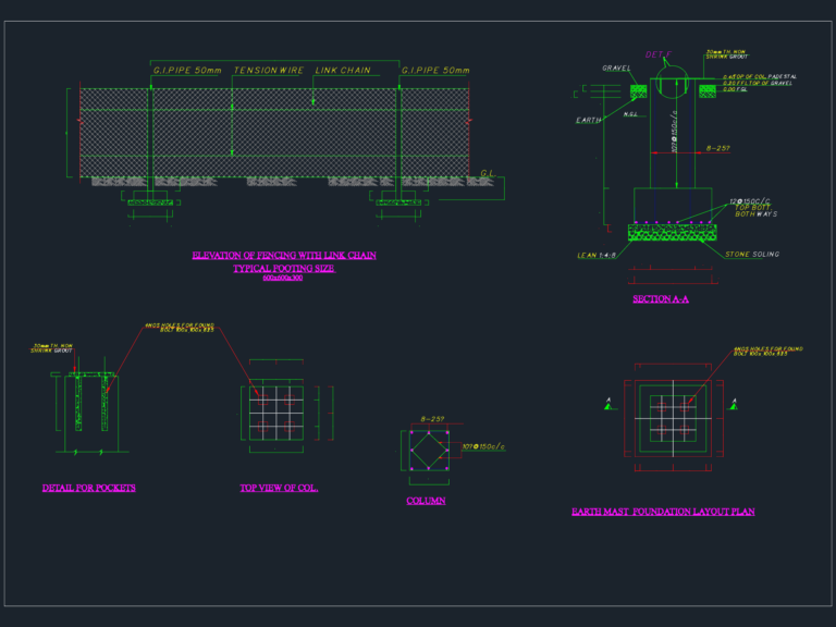 CAD drawing showing elevation of link chain fencing, foundation section, and footing layout plan.