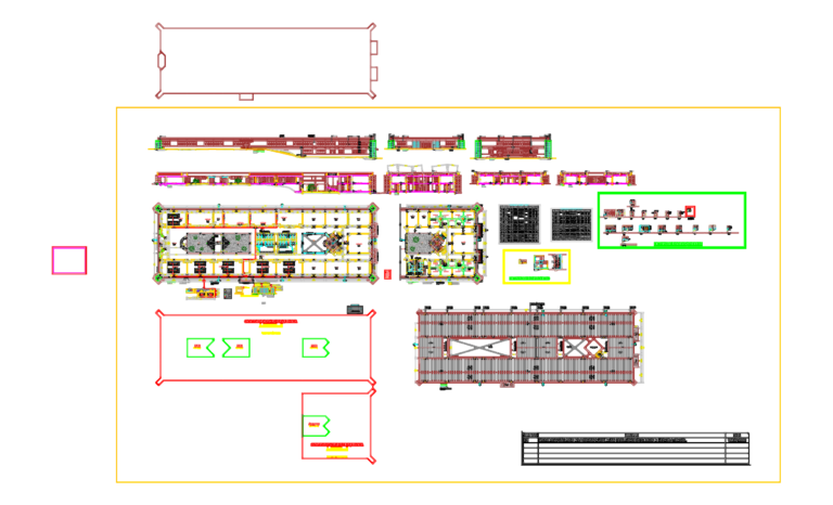 Architectural drawings of a chemistry building showing laboratory floor plans, sections, elevations, and schedules.