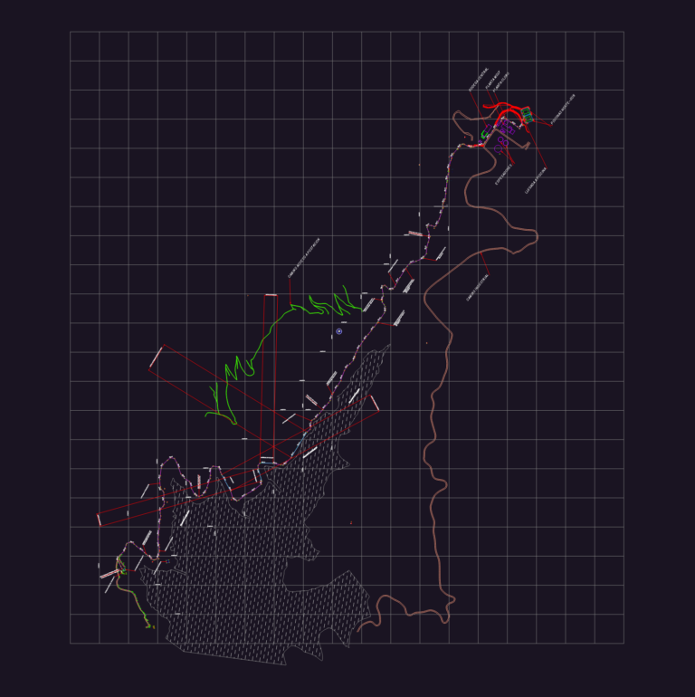 Technical survey drawing showing the layout and longitudinal profile of an industrial pipeline route.