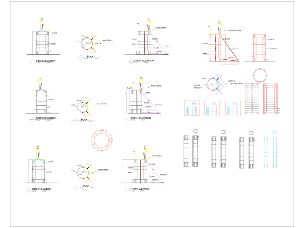 CAD drawings showing plan and elevation views of circular column scaffolding systems with access platforms.