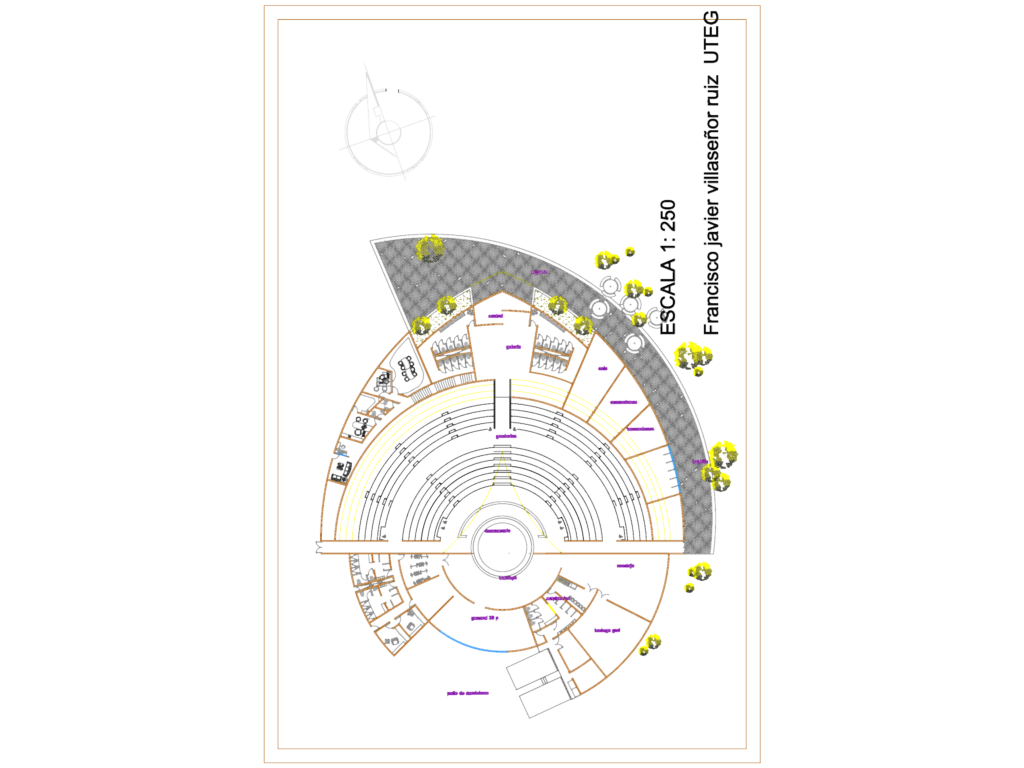 Architectural floor plan of a circular outdoor theater showing tiered seating, stage, and support rooms.