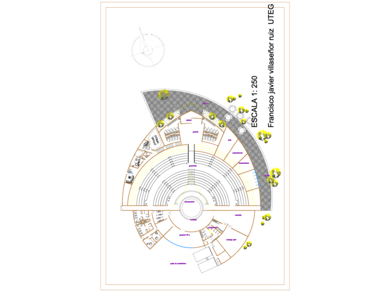 Architectural floor plan of a circular outdoor theater showing tiered seating, stage, and support rooms.