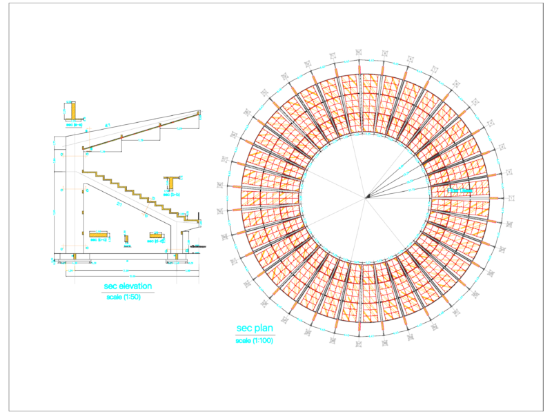 Circular Stadium Architectural Layout and Grandstand Section Drawing