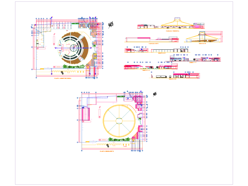 Circus layout plan with sections and elevations