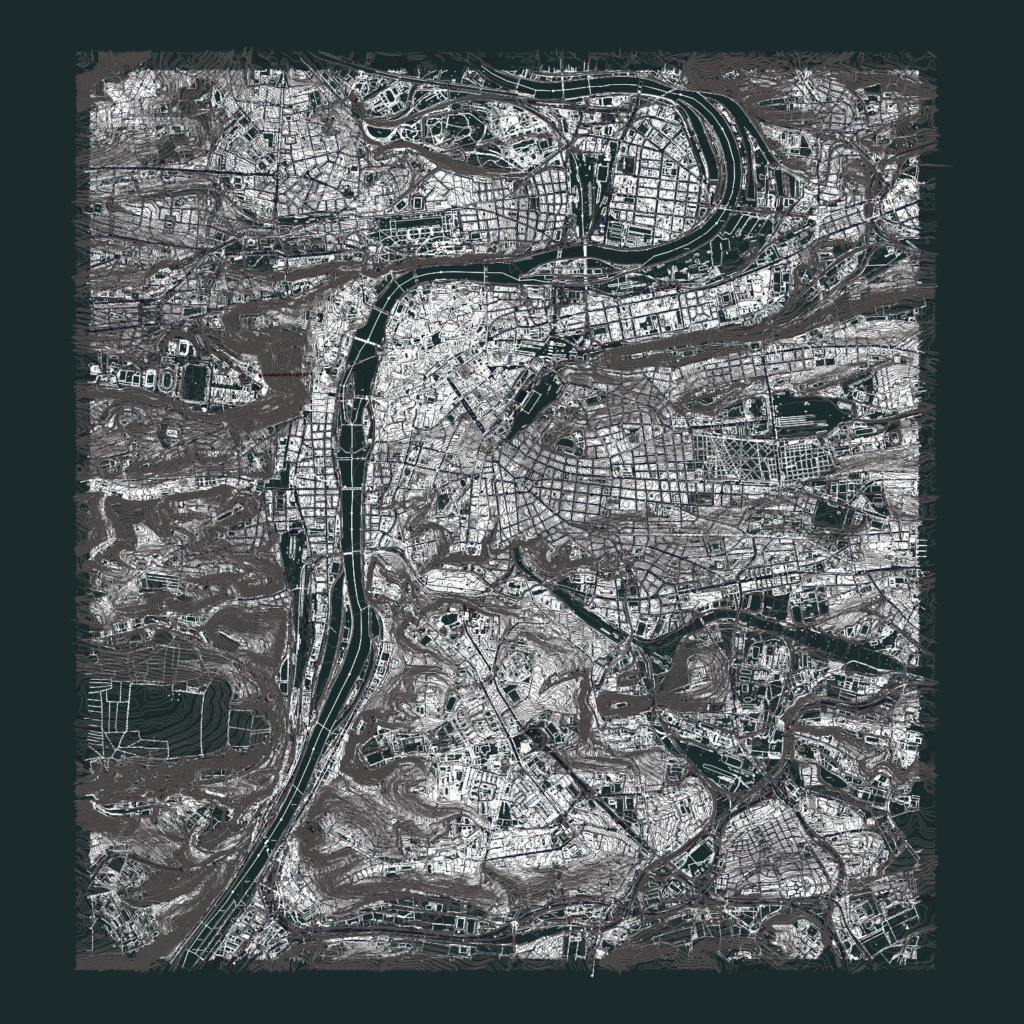 Topographic map of Prague showing detailed contour lines and city street grid layout.