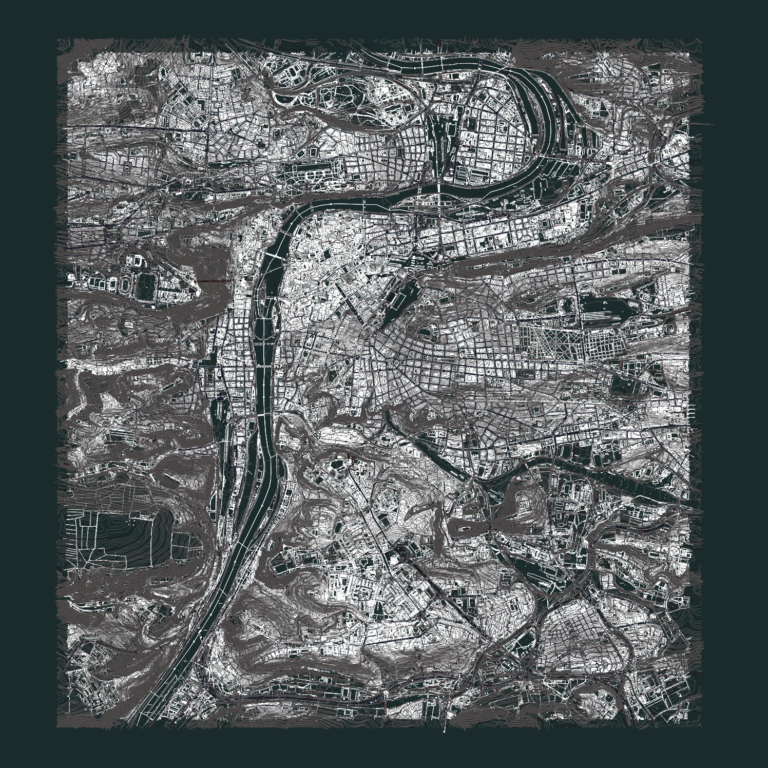 Topographic map of Prague showing detailed contour lines and city street grid layout.