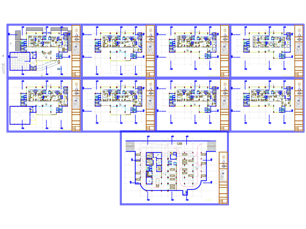Series of nine architectural floor plans for a municipal building including basement parking and multiple office levels.