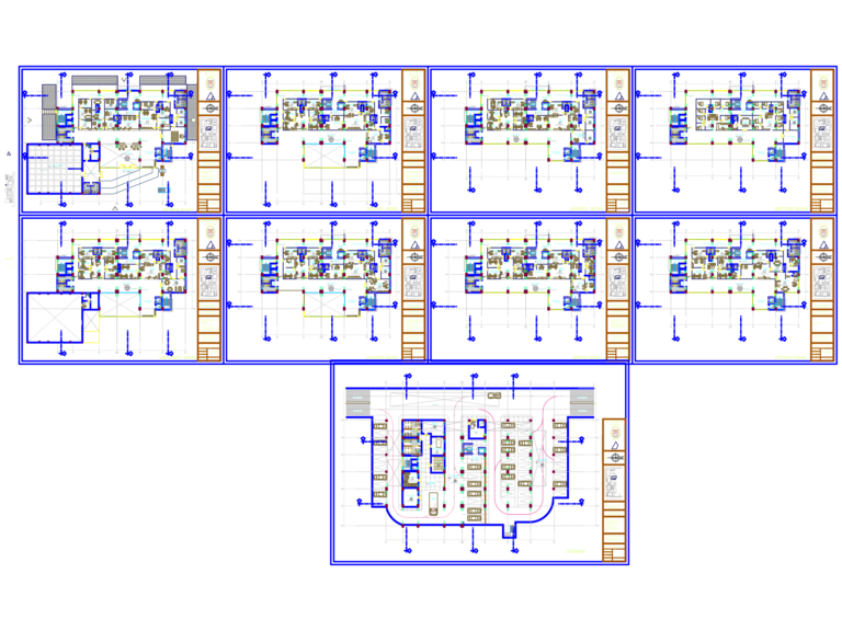 Series of nine architectural floor plans for a municipal building including basement parking and multiple office levels.