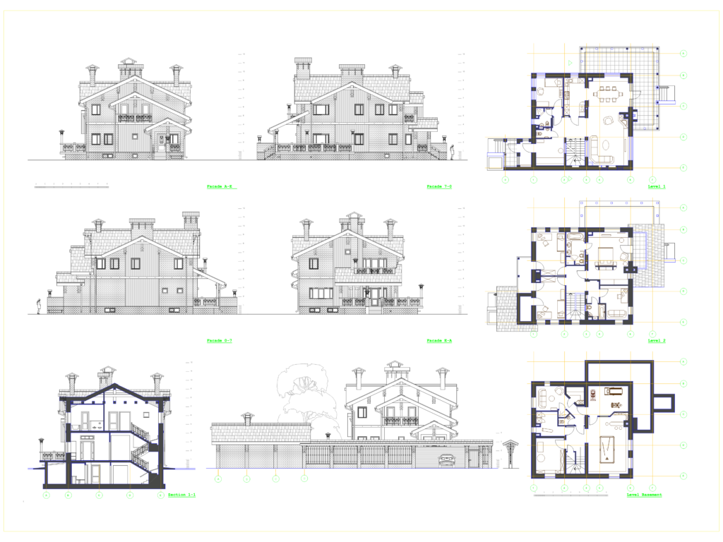 Architectural drawings of a classic villa showing four exterior elevations and three floor plans with a basement.