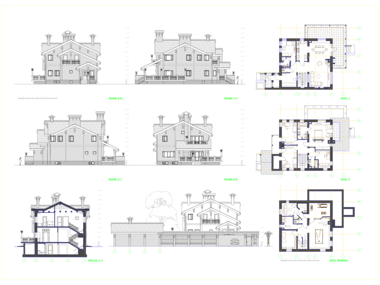 Architectural drawings of a classic villa showing four exterior elevations and three floor plans with a basement.