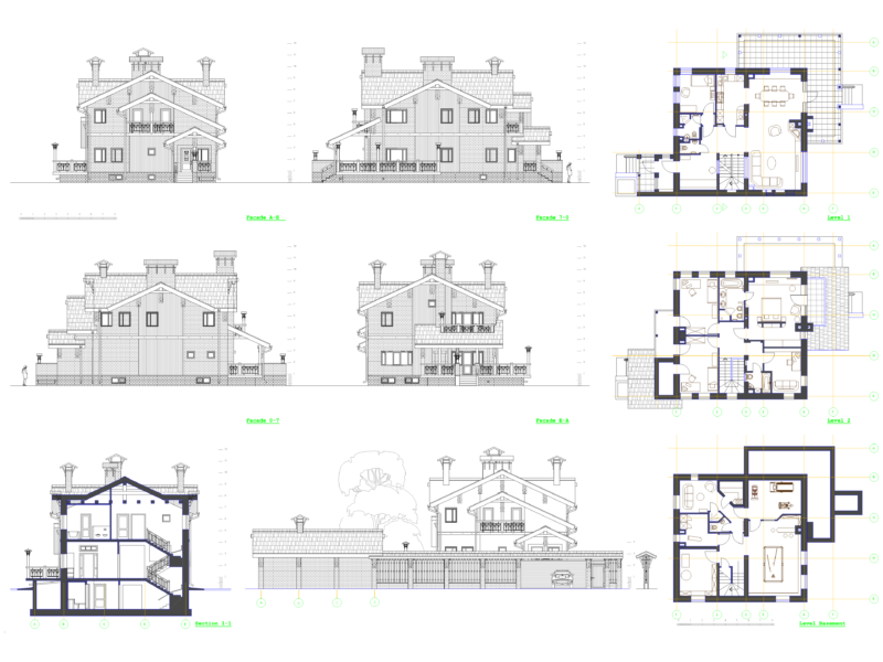Classic Villa CAD Drawing With Floor Plans Facades and Section Details