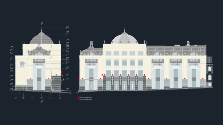 Front and side architectural elevations of a grand classical building with a dome and exterior lighting marks.