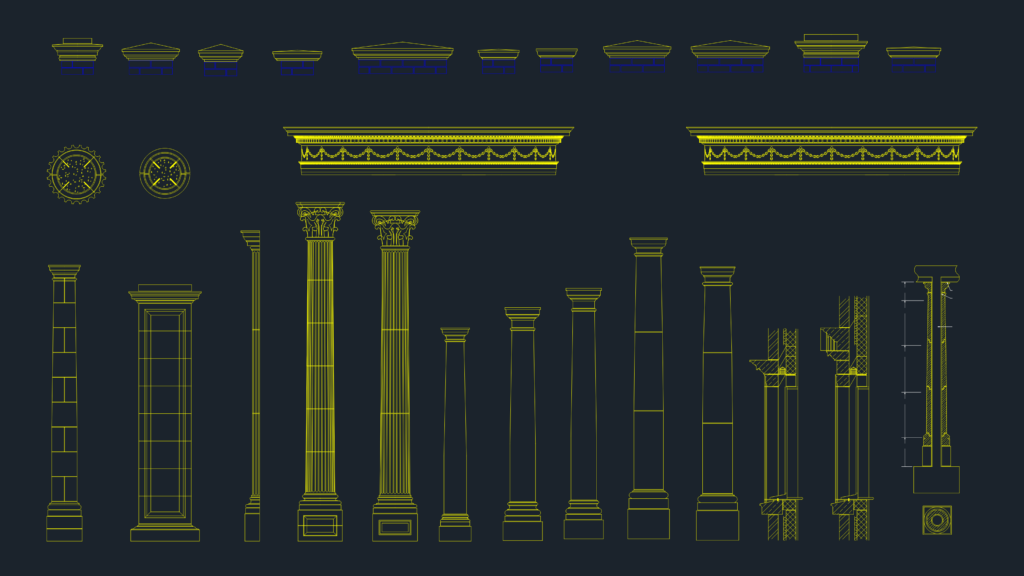 2D CAD elevations of classical fluted columns and decorative cornice moldings with floral swags.