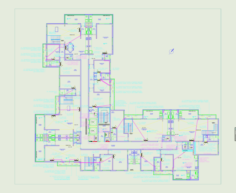 HVAC and climatization floor plan for a residential building showing AC unit locations and technical schedules.