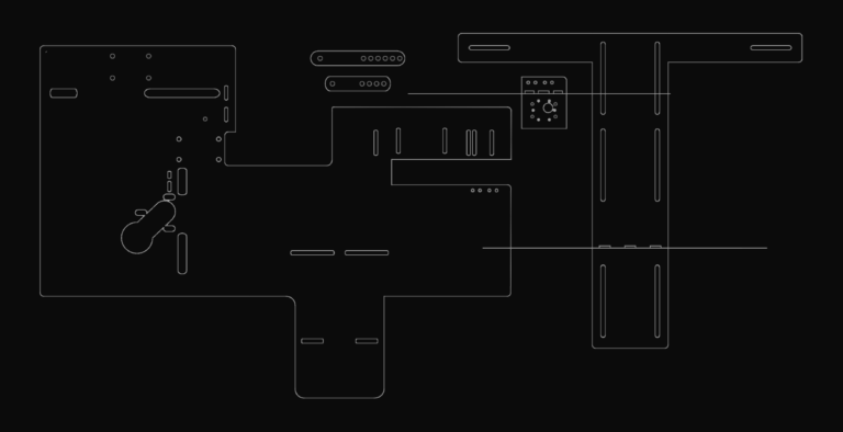 CAD layout of nested flat parts with slots and holes for CNC or laser cutting.
