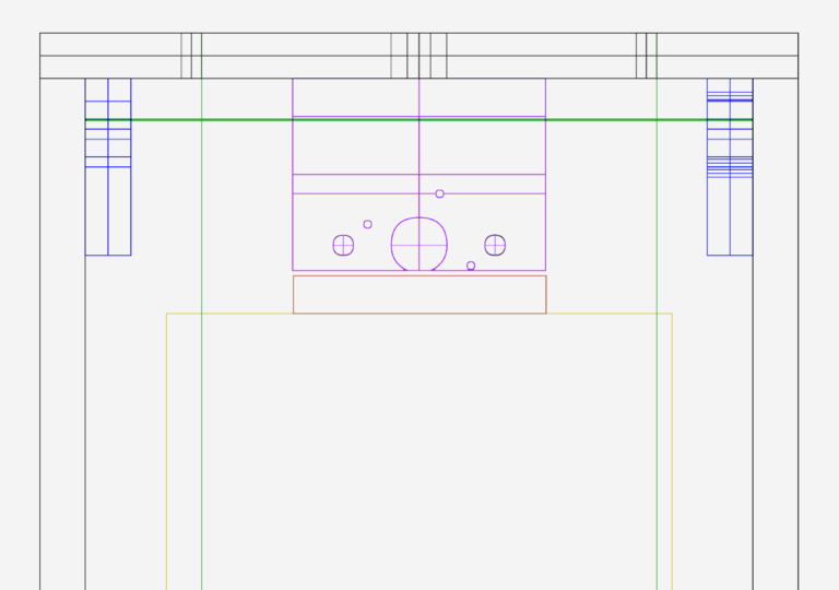 2D mechanical CAD layout of a CNC router bed and carriage assembly in metric units.