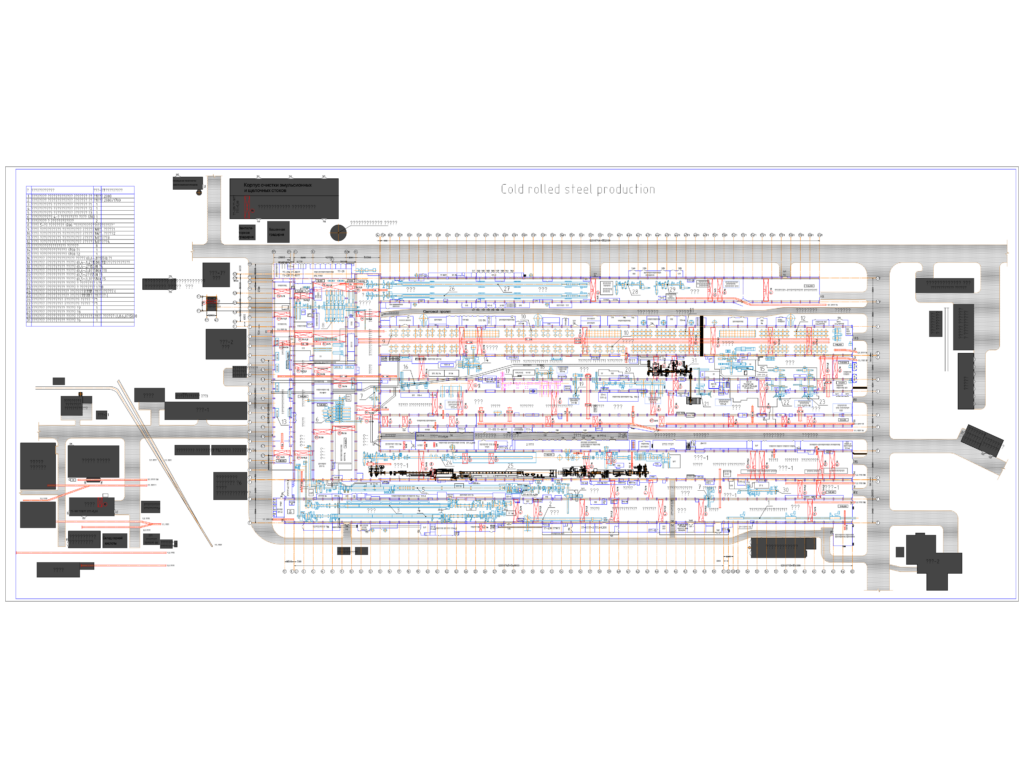 Industrial floor plan of a cold rolled steel production factory showing machine halls and storage areas.