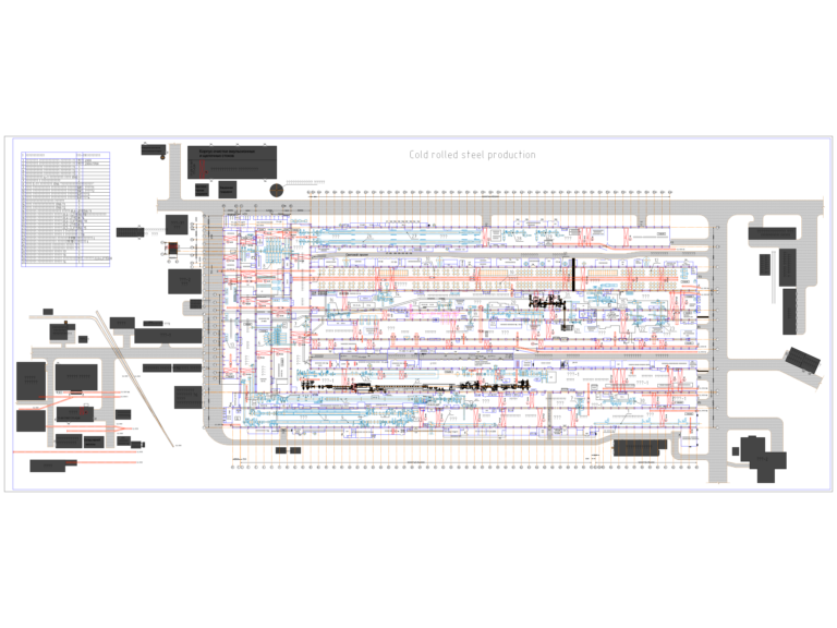 Industrial floor plan of a cold rolled steel production factory showing machine halls and storage areas.