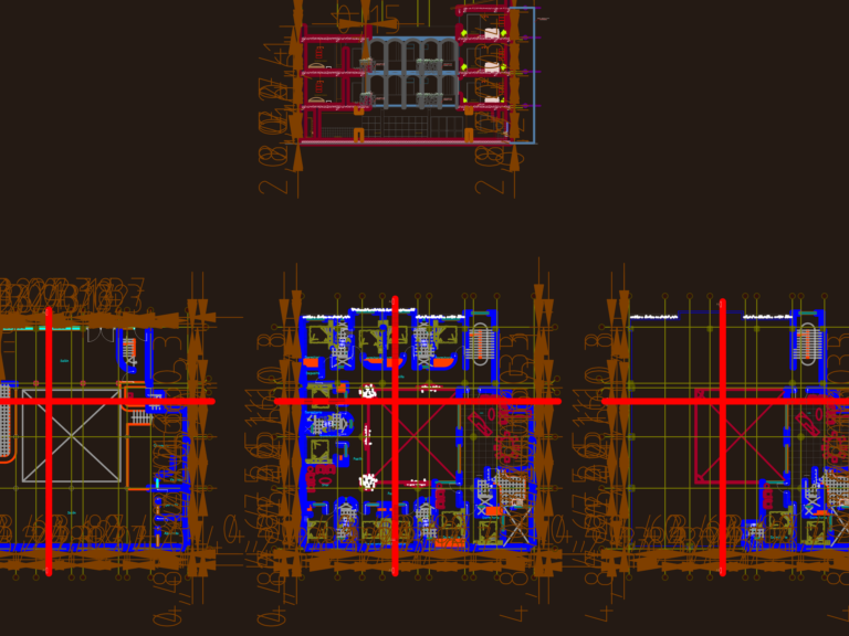 CAD floor plan and principal elevation of a three-story colonial hotel including interior room layouts and plumbing legends.
