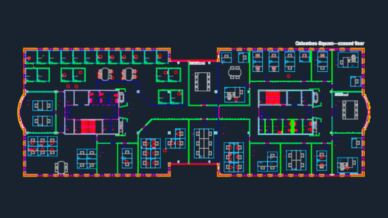 Second floor office plan of Columbus Square featuring workstations and meeting rooms.