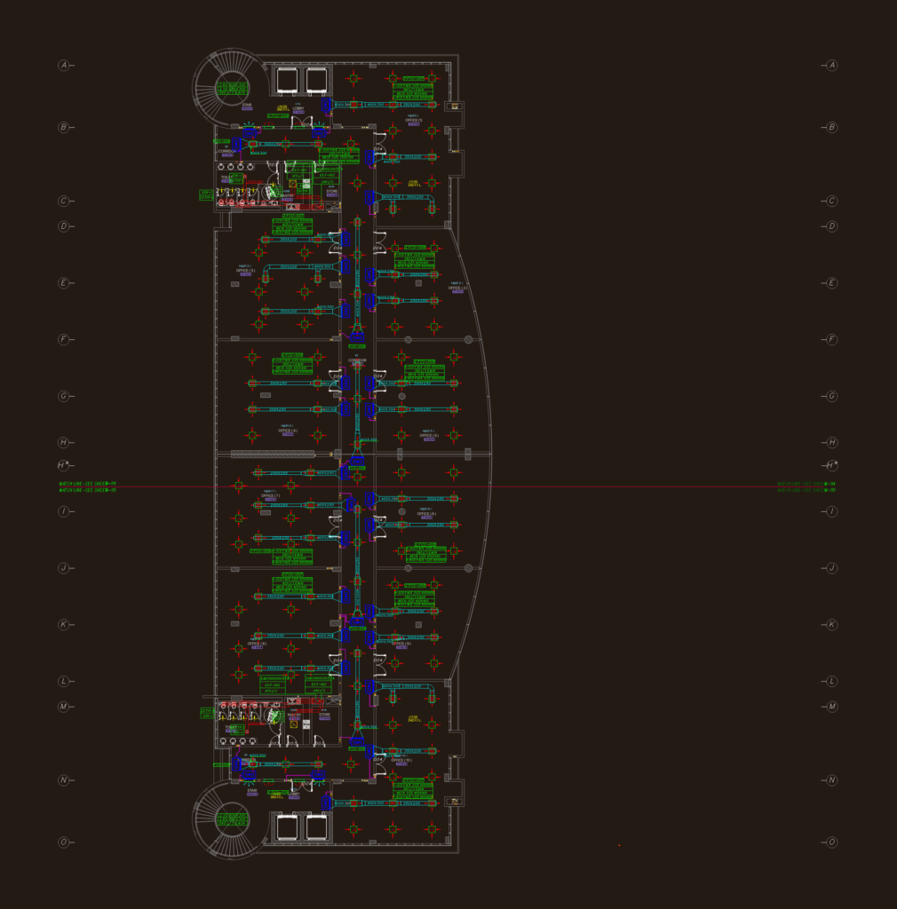 HVAC ductwork and equipment layout plan for a commercial office floor.