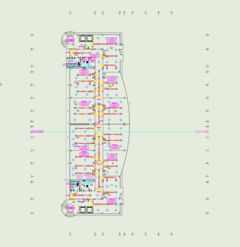 4th floor commercial HVAC plan showing ductwork, fan coil units, and air diffusers.
