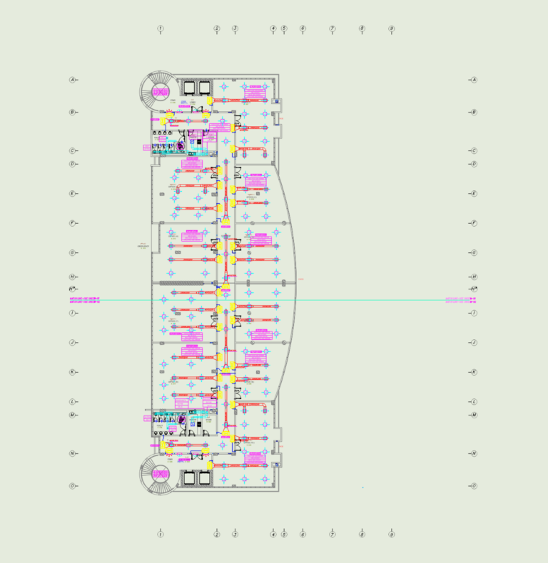 Detailed second floor HVAC plan for a commercial building showing ductwork, FCUs, and air flow specifications.