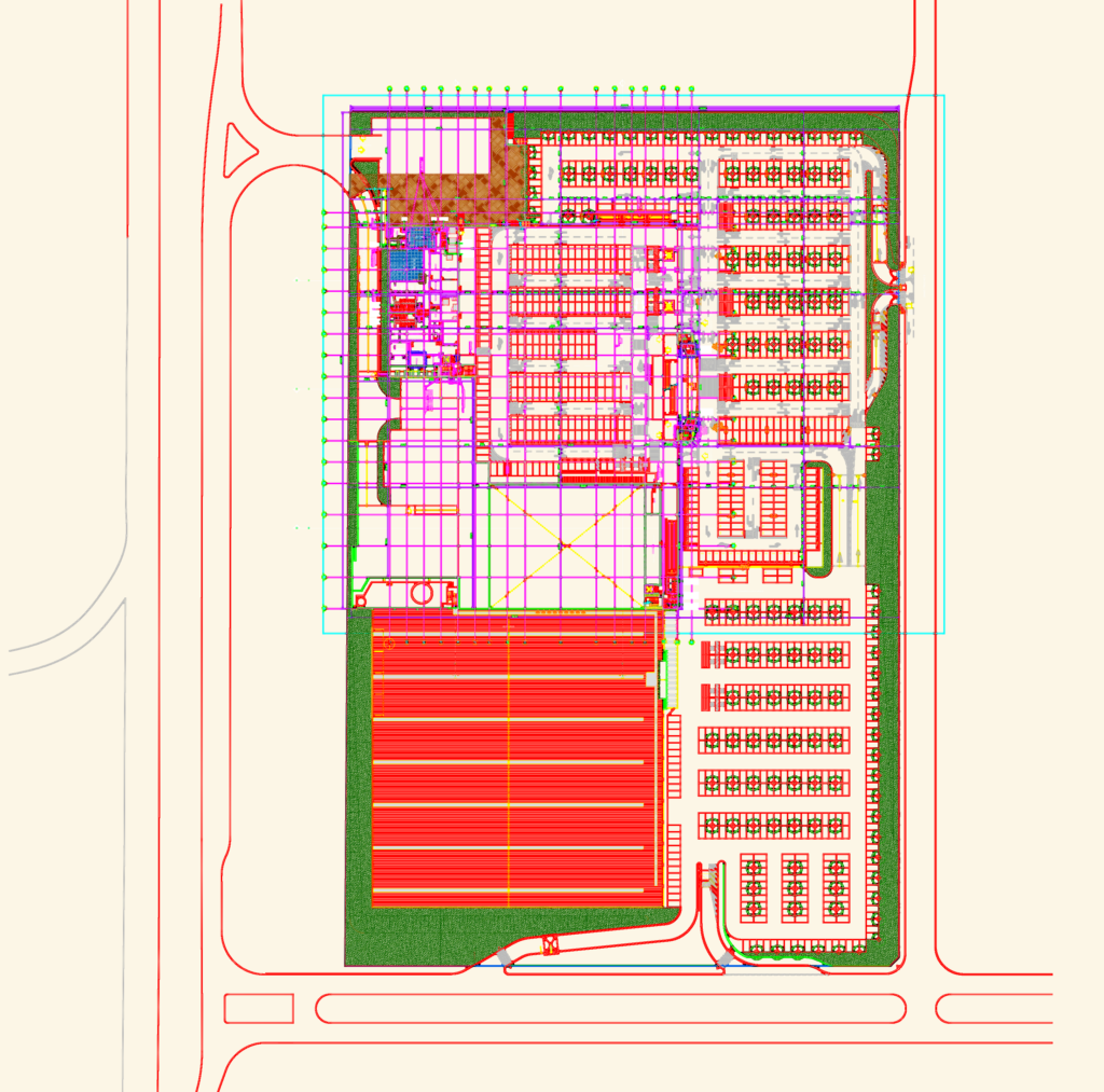 Architectural implementation plan for a large commercial retail complex with parking lots and loading docks.