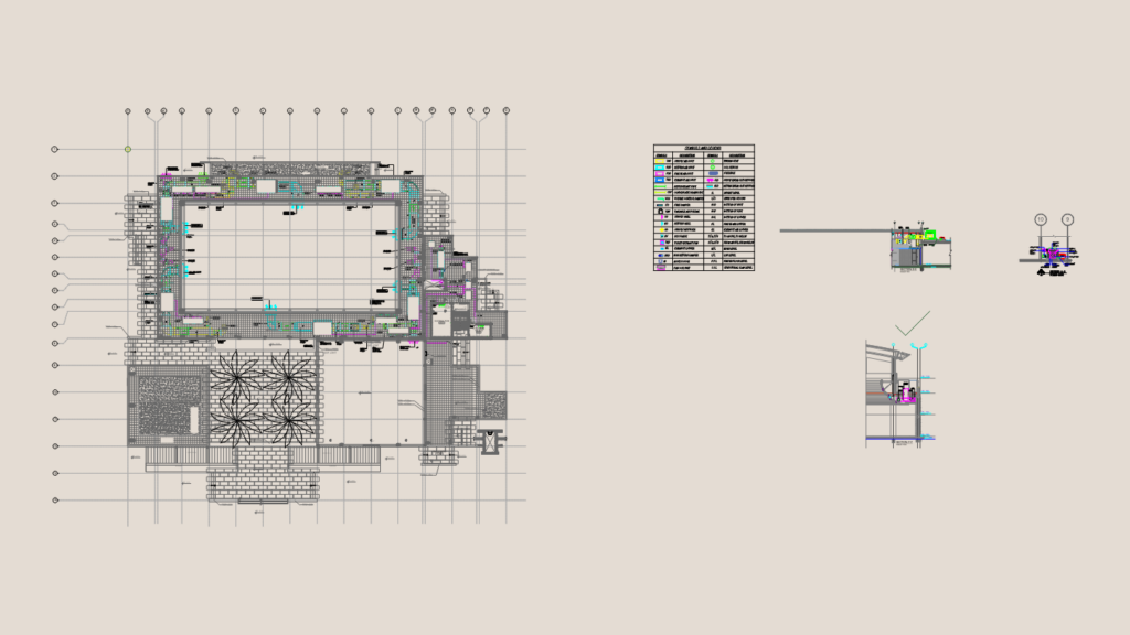 CAD floor plan and sections of a mosque roof HVAC system showing ductwork and air handling units.