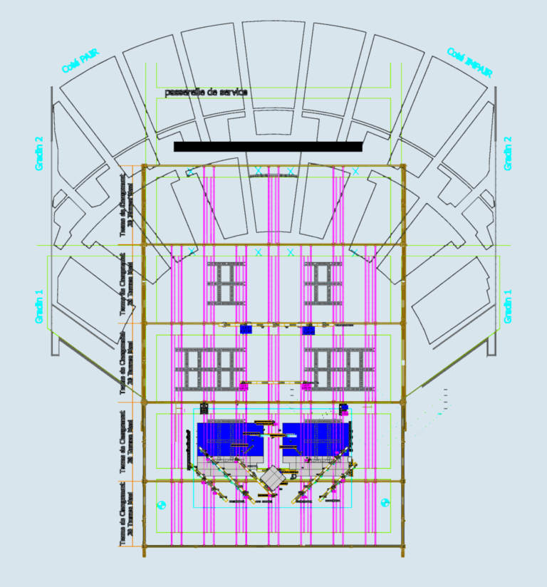 Stage rigging and lighting plot showing trusses, LED screens, and venue seating layout.