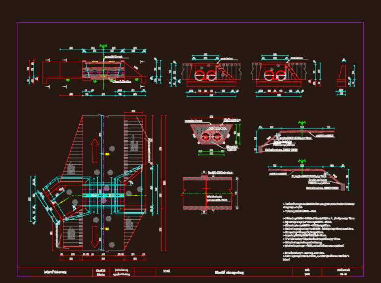 Technical drawing of a double round pipe culvert showing cross-sections, plan views, and construction details.