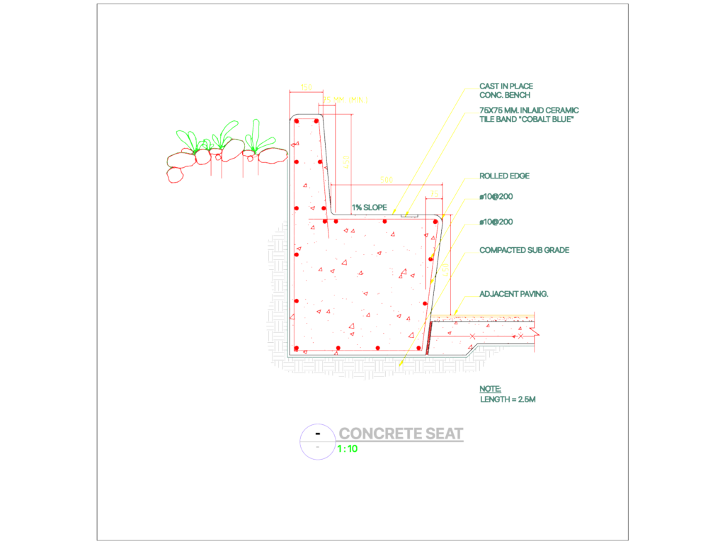 Technical section drawing of a reinforced concrete seat with ceramic tile inlay and subgrade details.