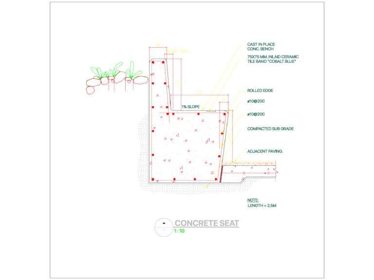 Technical section drawing of a reinforced concrete seat with ceramic tile inlay and subgrade details.