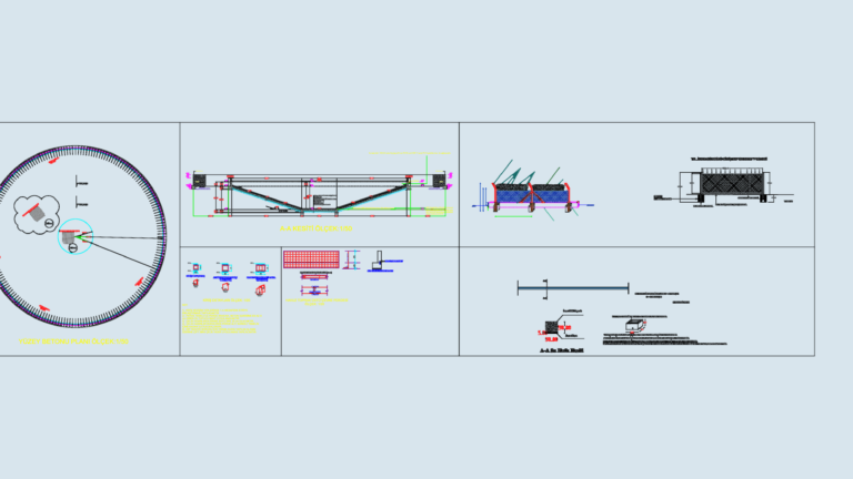 CAD layout showing the plan, section, and structural details of a conical concrete water tank with perimeter fencing.
